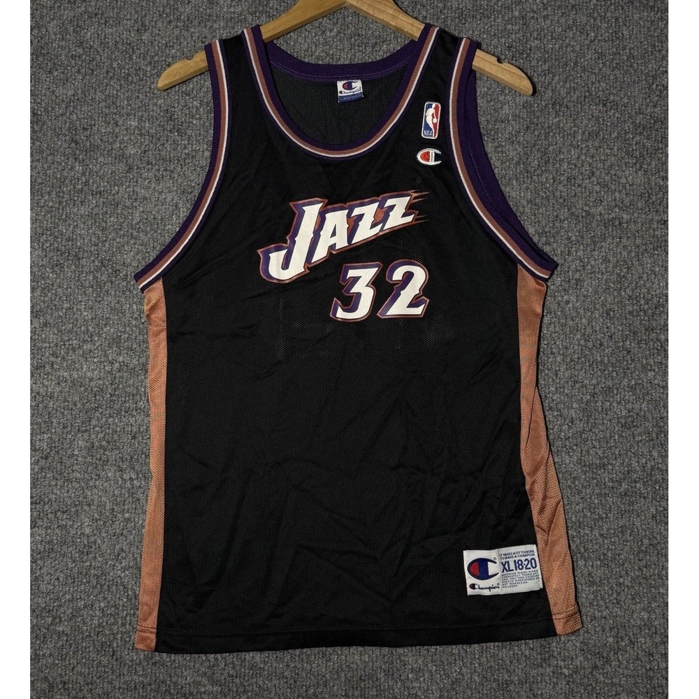 Vintage Utah Jazz Jersey Champion NBA Karl Malone #32 Black Youth Size XL 18-20